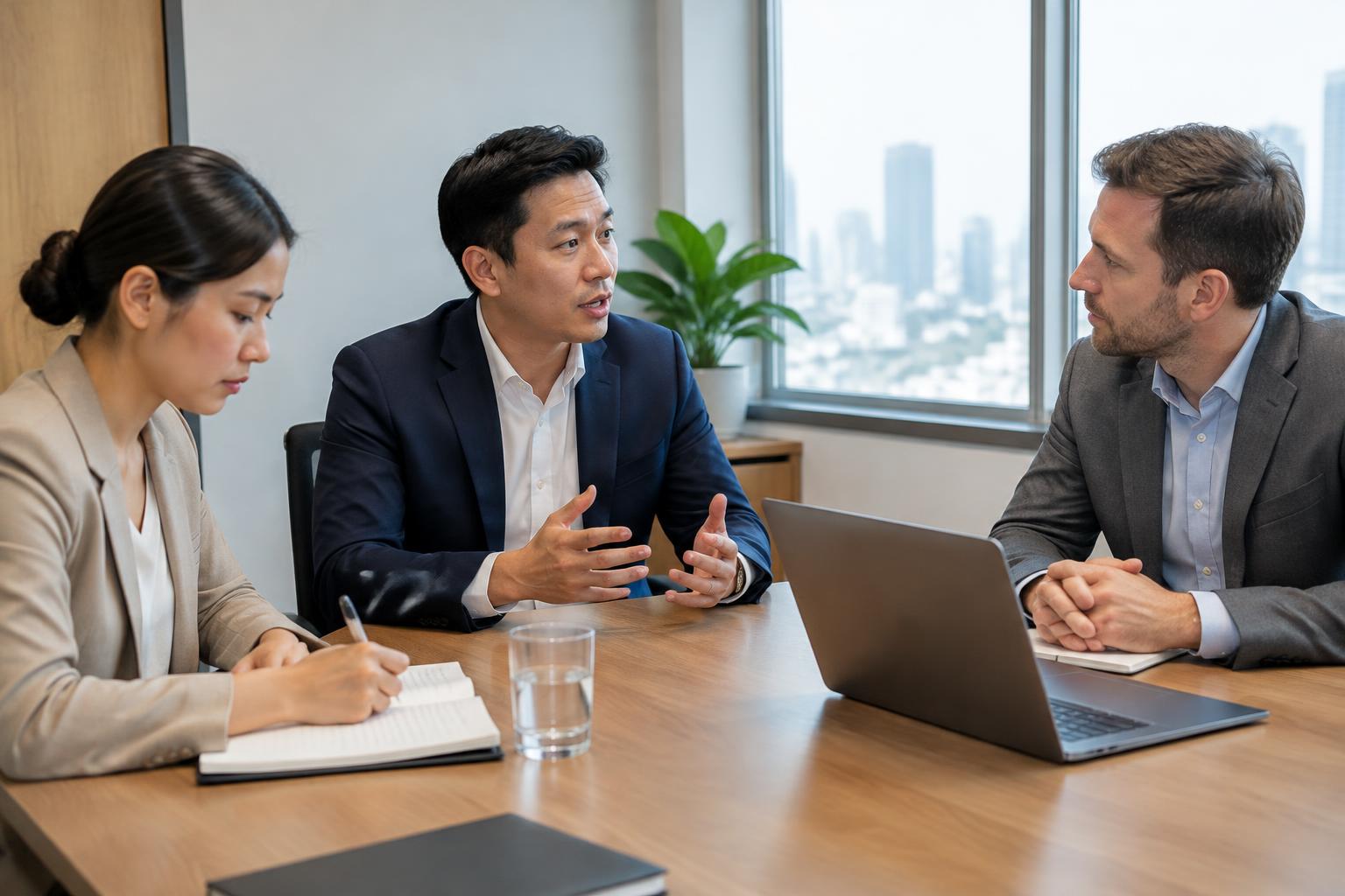 ภาพประกอบล่ามจดบันทึกระหว่างประชุมธุรกิจข้ามภาษา ไม่ใช่พนักงาน ลูกค้า หรือการประชุมจริง