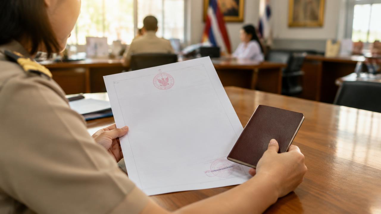 ภาพประกอบเจ้าหน้าที่ตรวจเอกสารที่มีตราประทับคู่กับพาสปอร์ต ไม่ใช่ลูกค้า เอกสารจริง หรือสำนักงานกรมการกงสุลจริง