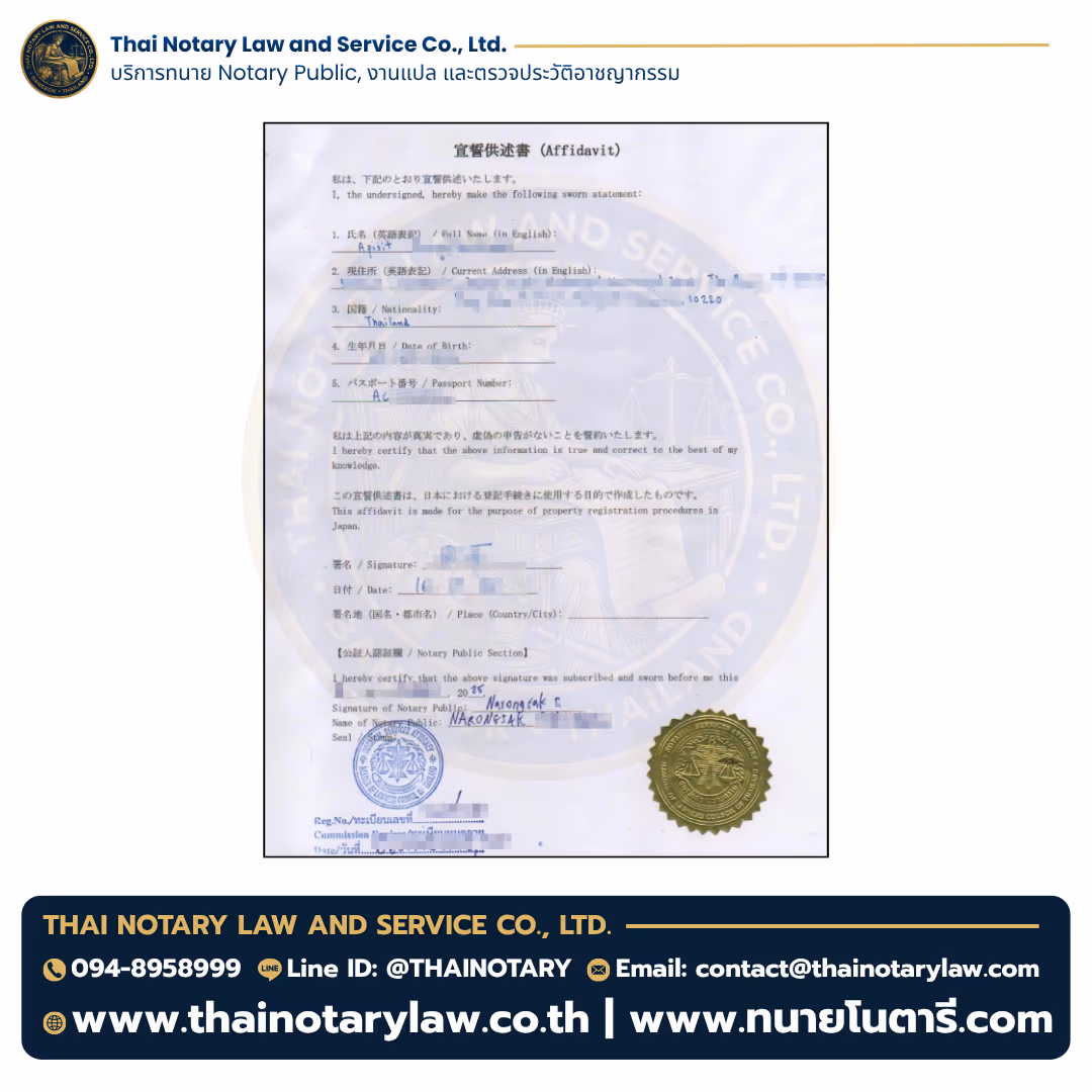 ตัวอย่างเอกสารรับรองโดยทนาย Notary Public — Affidavit (宣誓供述書) — Japan
